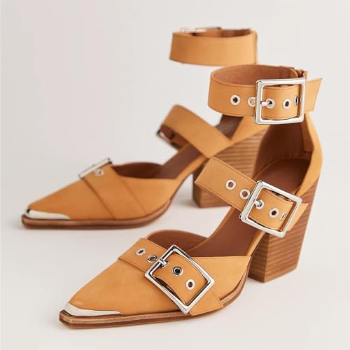 Western Wedge Sandals for Women Pointed Toe Chunky Heels Metal Buckle Stacked Heel Sandals Western Heels Pumps Strappy Block Bridal Shoes2