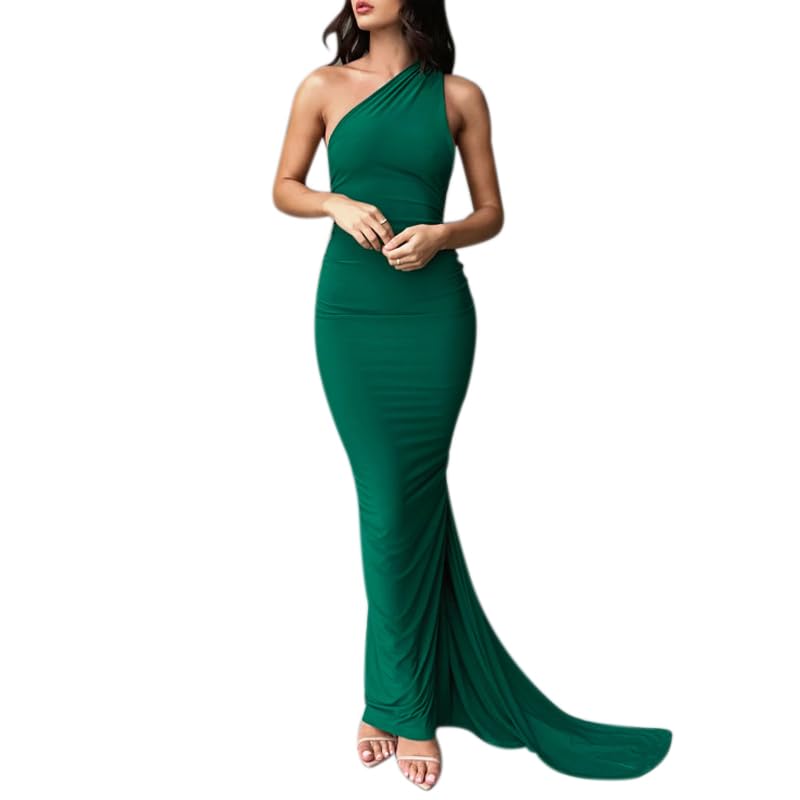 Image of Suillty Women's Sexy Oblique Shoulder Backless Maxi Dress Ruched Back Strap Sleeveless Party Club Long Dresses Bodycon