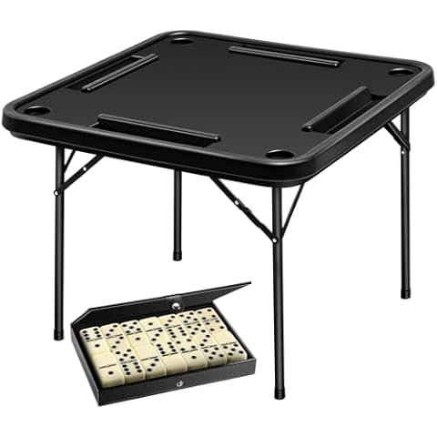 Purpeak 2 PCS Folding Domino Game Table Set 38 Inch Plastic Table and Standard Domino with Leather Box Card Play Square Table with 28 Tiles Dot Domino Game Kit for Adult Game Night Party(Black) Cover