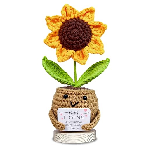 VELENTI Gift for Mum - Handmade Positive Sunflower Doll Crochet with Card - I Love You - Mum Gift from Daughter, Son - Mothers Day, Christmas, Birthday Present Idea - Knitted Decor