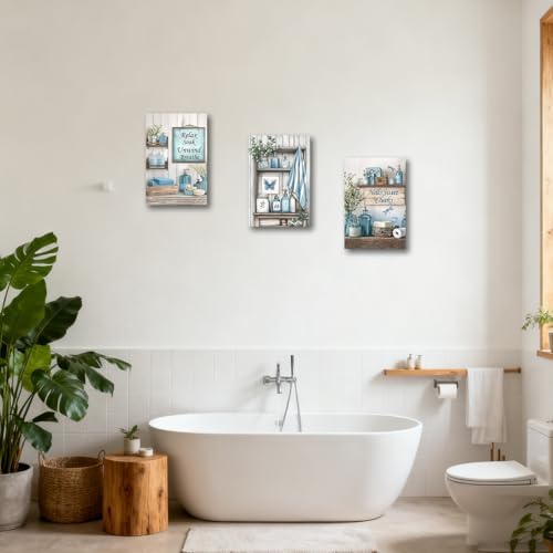 CXHOSTENT 3Pcs Blue Bathroom Wall Art Decor Rustic Bathroom Picture Quotes Sign Canvas Prints Farmhouse Toilet Paintings for Washroom Decor Framed (Blue, 11x14inchx3 Pieces) - 4