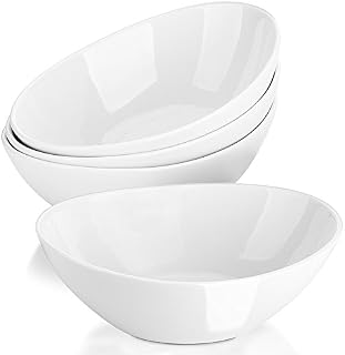 LIFVER Serving Bowls, 36Oz Porcelain Large Serving Dishes, White Bowl Set for Salads, Soup, Dessert, Side Dishes, Pasta, Oval Shape, Microwave & Dishwasher Safe, Good Size for Dinner Parties, Set of 4