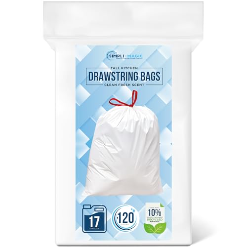 Simpli-Magic 17 Gallon Drawstring Trash Bags Code C 120 Pack Tall Kitchen Garbage Bags Custom Made with Premium Materials (White)
