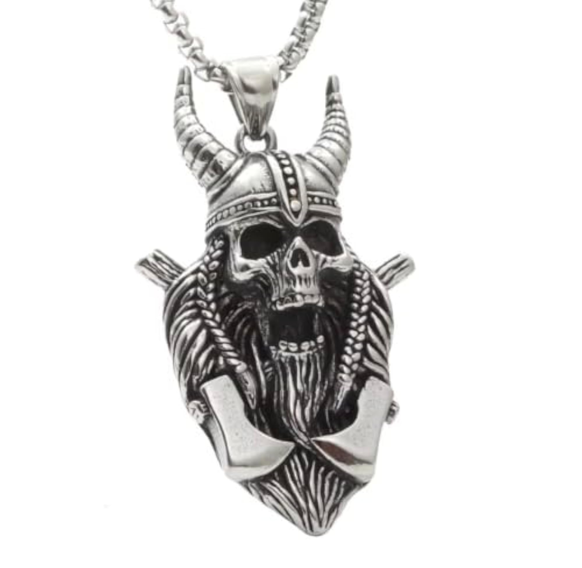 Men's Viking Skull Pendant Necklace, Gothic Biker Chain