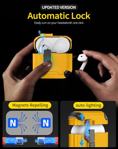 Image of Pohgelan Compatible with AirPods 4 Case Carbon Fiber Texture(Yellow) | Magnetic Automatic Lock with Phone Stand & Cleaning Kit,Compatible with Magsafe