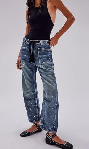 loveimgs Women Casual Drawstring Barrel Jeans Denim Pants Y2k Wide Leg Horseshoe Jeans Patchwork Baggy Jeans Trousers2