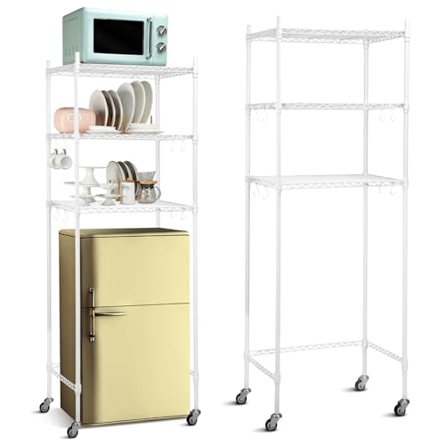 Image of Tioncy 3 Tier Mini Fridge Shelf Microwave Stand Adjustable Fridge Storage Rack with Lockable Wheels and 8 Hook Multilayer Metal Shelving Organizer for Dorm Apartment Kitchen Office Bathroom(White)