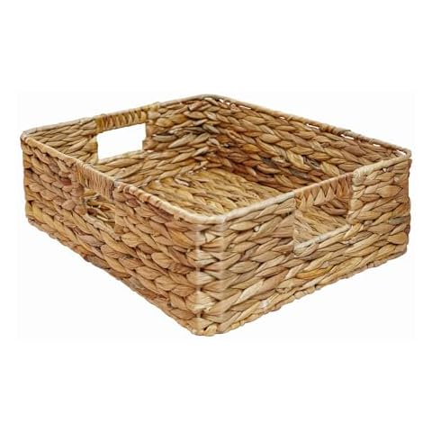 Rectangular Water Hyacinth Storage Baskets, Wicker Storage Baskets for Shelves, Square Shallow Basket, Woven Drawer Basket With Handle, 15.2” L x 12” W x 4.7” H Cover
