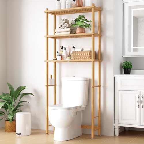 Kitsure Over The Toilet Shelf - 3-Tier Bamboo Bathroom Organizers and Storage with Paper Holder, Over Toilet Bathroom Organizer with Wall Anchor for Balcony, Laundry, Natural, 3 Tiers (63" H)