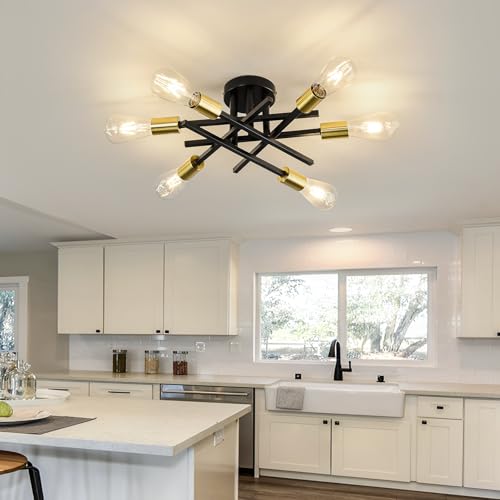 Image of ASGYISA 6-Lights Sputnik Semi Flush Mount Ceiling Light Fixture Modern Metal Black and Gold Chandeliers with E26 Bulb Base Close to Ceiling Light for Kitchen Dining Room Living Room Hallway Bedroom