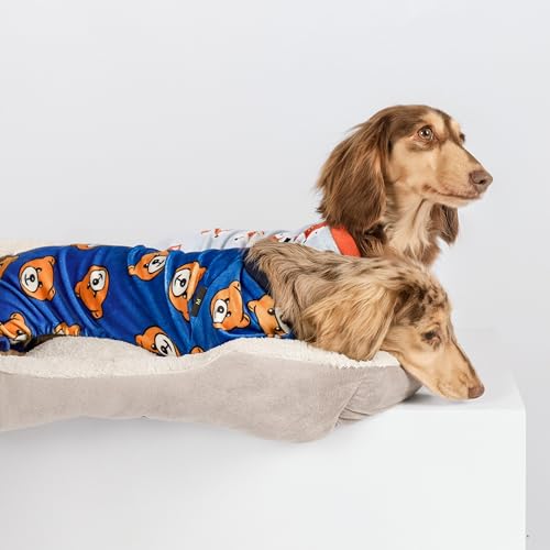 Fitwarm Hunde-Pyjama, Hundekleidung für kleine Hunde, Jungen, Mädchen, Fleece-Einteiler mit Füßen, Königsblau, Braun, Größe S