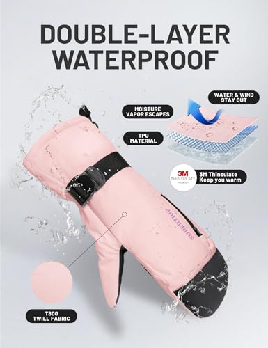 Supertrip Ski Mittens Men Women, Waterproof Snowboard Mittens Gloves Touch-Screen Anti-Slip Snow Mitts 3M Thinsulate, Warm Insulated in Cold Weather Winter (Pink, Medium)