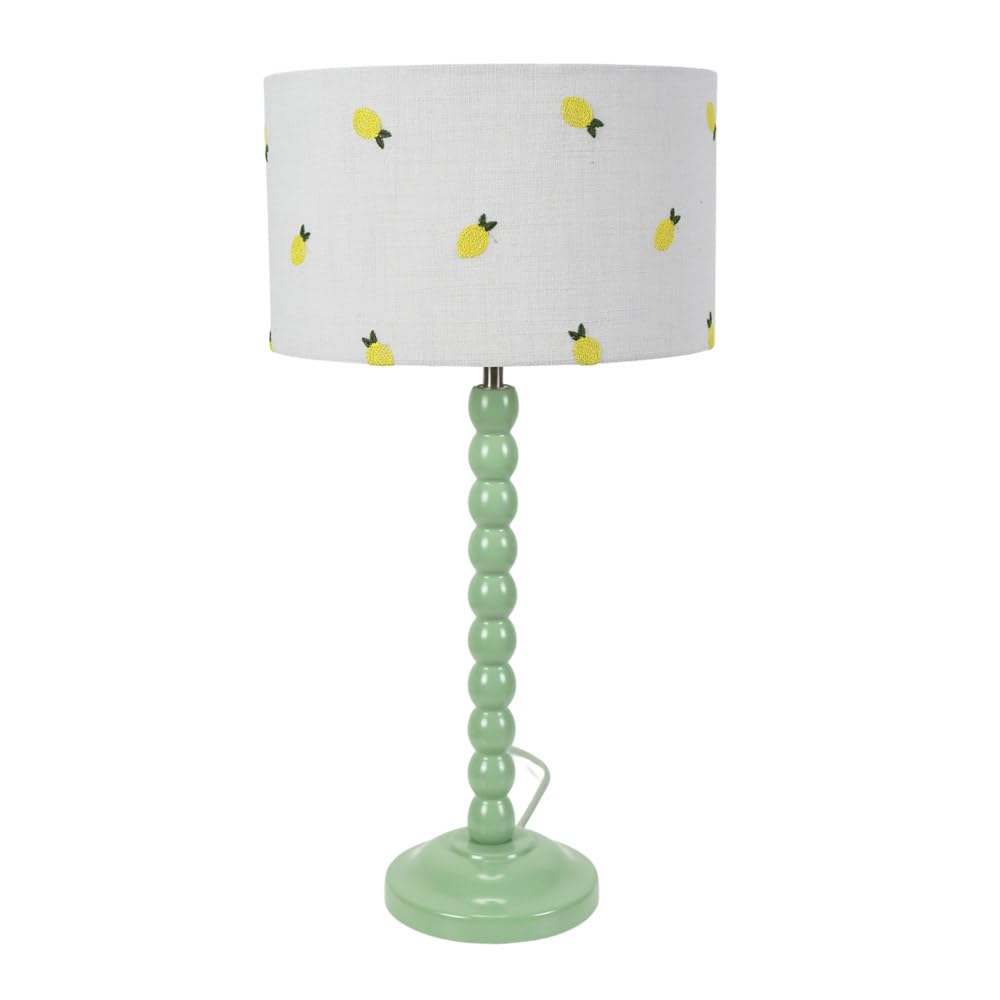 Valuelights Unisex Pale Green Bobbins Sage Green Table Lamp W/ Lemon Embroidered Drum Lamp Shade In