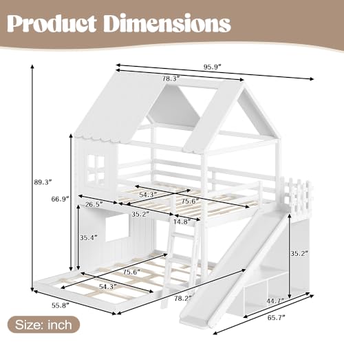 Image of Bellemave Bunk beds Full Over Full with Slide,Ladders,Bookshelf and Wardrobe House roof Design, Low bunk /loft Bed for Kids,White