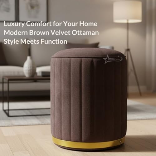 Image of Upholstered Round Linen Strip Stool Living Room Foot Rest Office Stool Pouf Ottoman Padded Seat - Brown