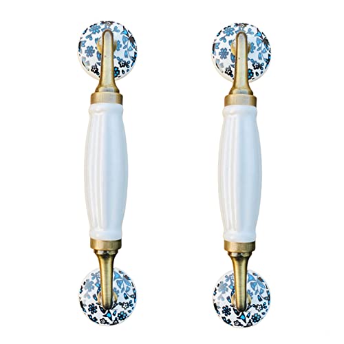 Image of Maison Belle- Art & Craft Ceramic Door Handle Gold Antique Finish - (Size 8.5 Inch) - Hole to Hole 6.5 INCH (Pack of 1) (White 8.5 INCH - Blue Flower KNOBS)