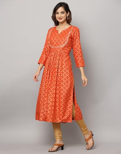 Image of Gold Print Kurta with Gota Lace on Front Yoke, Bottom Hem & Sleeve