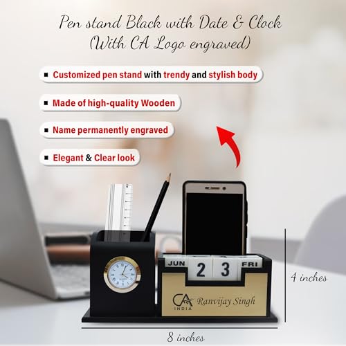 Image of SAVRI Personalized CA Gift Set - Pen Stand, Engraved CA Logo Pen & Black Diary with Name | Premium Gifts for Chartered Accountants & Financial Professionals - Black