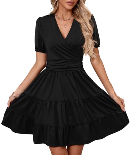 Image of Women's Casual Summer Dress V Neck Short Sleeve Flowy Stretchy Comfort Fit for Daily Wear Work Midi Dresses
