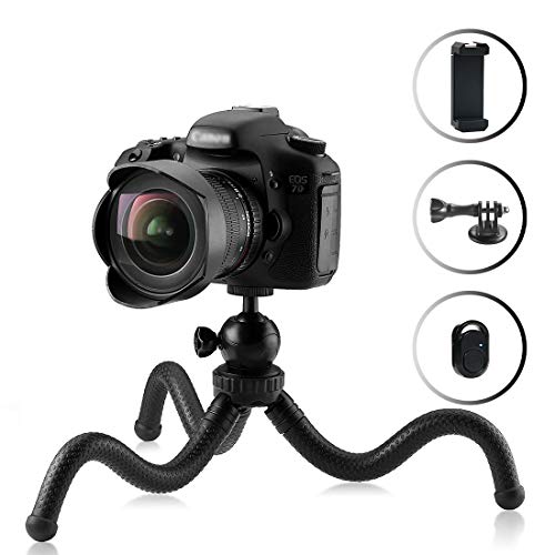 Phinistec Mini Flexible Trípode Móvil y Cámara para iPhone, Gopro, Smartphone con Adaptador Universal Móvil y Adaptador Gopro y Control Remoto Bluetooth para Fotografía y Video