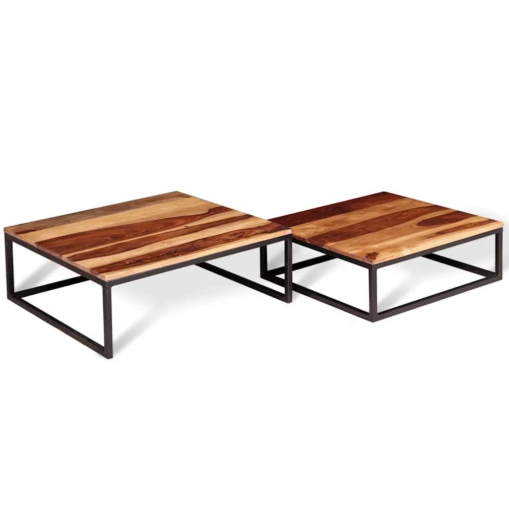 Hothingwell - Juego de mesa baja (2 unidades, madera maciza) | Estilo Retro, Acabado Mate, Madera Duro Tropical, Marco Metal Industrial, Diseño Emboitable