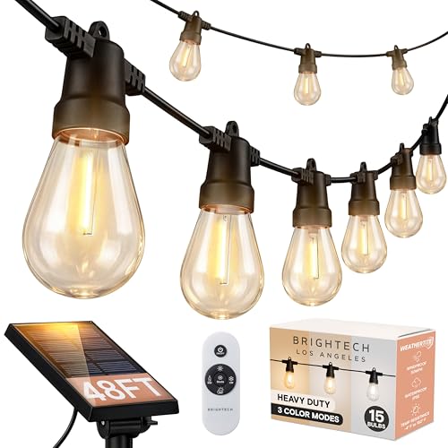 Image of Brightech 48 (42+6) FT Ambience Pro Outdoor Solar String Lights - Bright Remote Control Color Adjustable Solar Light - Commercial Grade, 15 Waterproof LED Bulbs for Patios, Camping, Yard, Outside