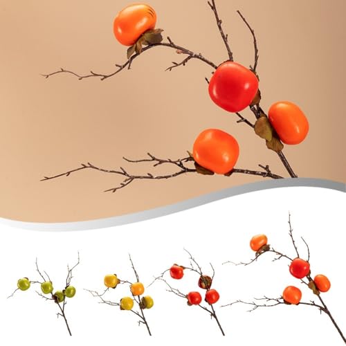 Rama de caqui artificial, 81,5 cm, planta de fruta falsa con hojas para decoración del hogar, boda, oficina, naranja, rojo, amarillo y verde