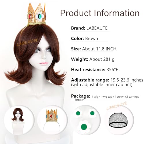 Image of LABEAUTE Brown Princess Cosplay Wig for Women, Short Flipped 60's 70's Retro Synthetic Wig Heat Resistant Pre-Styled Costume Hair for Halloween Anime Convention Party Dress Up