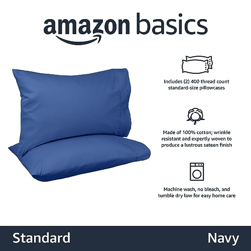 Image of Amazon Basics 400 Thread Count 100% Cotton Pillow Cases, Soft & Breathable Sateen Weave, Machine Wash, Standard Size, 20 inch x 30 inch, Navy, Set of 2