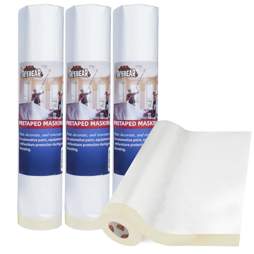 Image of TAPEBEAR Upgrade Pre-Taped Masking Film Extra Thick, High Temp Tape and Drape 102 inch x 90', Plastic Cover for Automotive, Painting, Plastic Sheeting Masking Tape Film for Auto, Floor, Furniture, 4Rolls