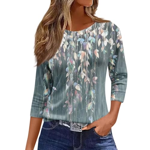JXKIKOZE Petite Tops for Women Summer, Boho Floral 3/4 Length Sleeve Tee Plus Size Trendy Loose Fitted Basic Tee Blouses for Women Cute Boho Tunic Tops,Womens Top(Greys X-Large)