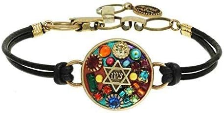 Rainbow Star of David Judaica Bracelet. Gift for the Jewish holidays. Black Leather Bracelet Strap.