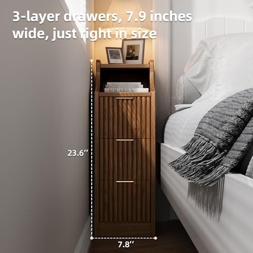 Image of 7.9 inch Narrow Nightstand Set of 2,23.6 inch Tall Fluted Bedside Table Set of 2, Slim Side End Table with 3 Drawers, Wooden Bedside Table, Mid Century Modern Night Stand for Bedroom Livingroom Sofa Office