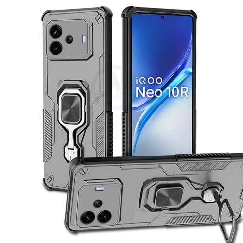 Image of AESTMO Armor Back Cover for iQOO Neo 10R 5G | Ring Holder & Kickstand & Camera Protection in-Built | 360 Degree Protection Back Case Cover (Black)