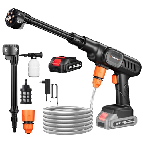 Hidrolimpiadora Bateria, 21V Máx 60Bar Hidrolimpiadora de Alta Presion, Press & Clean Pistola Lavado, Manguera de 5M, Boquilla Ajustable 6 en 1, Jarra de Espuma (con 1 baterías de 4000 mAh)