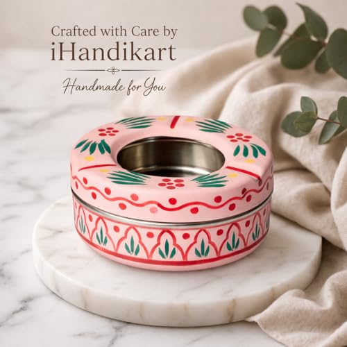 Image of iHandikart Handpainted Ash Tray 4x2 Inch | Metal Ashtray for Home, Table & Car Use | Multicolour Decorative Ashtray | Handmade Smoking Accessories for Indoor & Outdoor Use(Pink)
