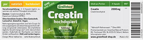 Creatin Monohydrat Greenfood, 500 mg, hochdosiert in pflanzlichen Kapseln