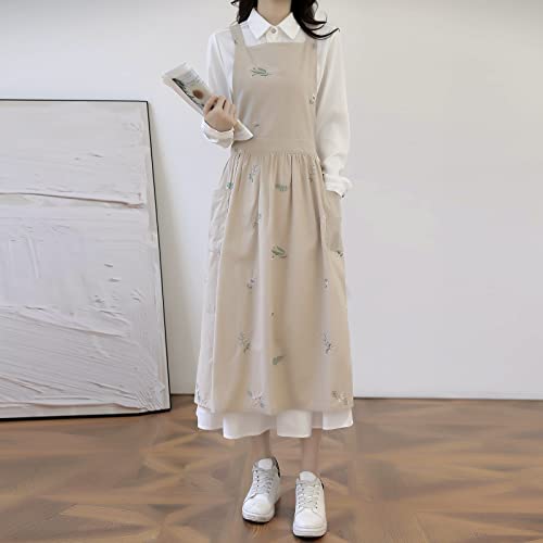 Talibsa Pinafore Apron Dress，Japanese Cotton Linen Cross Back Apron For Women With Pockets，Cooking Apron,Gardening Apron #TOP1