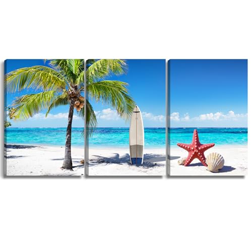 3 Pcs Summer Beach Wall Art Decor, Coconut Tree Canvas Painting Posters ,Seaside Starfish Shells Hawaii Pictures for Living Room Bedroom Home Decoration 12*18(Stretched Canvas on A Wooden Frame)