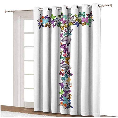 Cortina de puerta corredera con diseño de letras T con diseño de alfabeto con mariposas y letra T con respaldo térmico para puerta de cristal, panel individual de 254 x 274 cm, para puerta de cristal