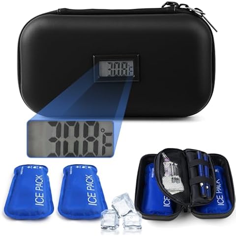 Insulin Cooler Travel Case TSA Approved, Medication Travel Cooling Bag with Thermometer Temperature Display, Insulated Medicine Carrying Case for Insulin Pens and Diabetic Supplies - Black Cover