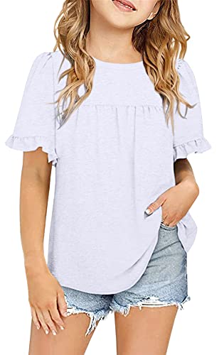 Image of Ebifin Girls Short Sleeve Tops Kids Peplum Babydoll T Shirts Tees 4-15Y | Girls T-Shirts, Crew neck Short Sleeve Shirts, Casual Tunic Tops, Cute Blouses, Summer Tees, Ruffle Hem, Loose fit