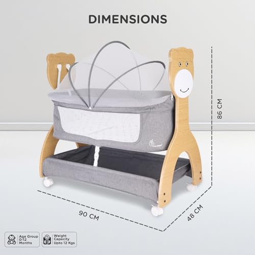 Image of R for Rabbit Lullabies Woodsy 2 in 1 Manual Swing Wooden Cradle Newborn Baby Convertible Cot Bassinet with Mosquito Net, Lockable Wheels & Storage Space for Kids 0-12 Months, Upto 12 Kg (Dark Grey)
