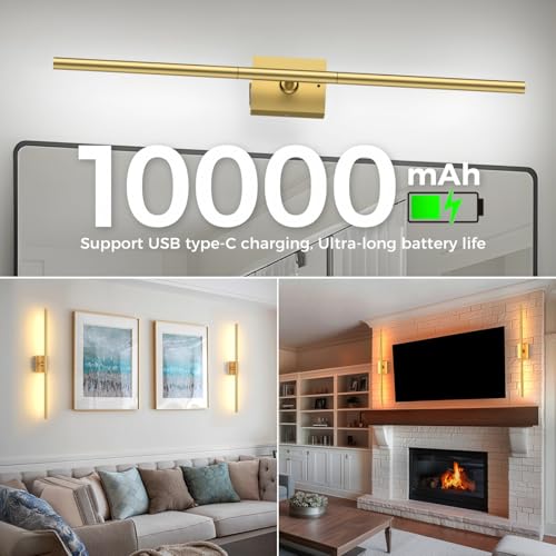 Image of iThird 1 Pack Battery Operated Wall Sconce, Wireless Battery Wall Sconce with Remote Control, Gold LED Rechargeable Sconces, 31.5 Inch Modern Cordless Wall Lights for Bedroom Living Room Picture