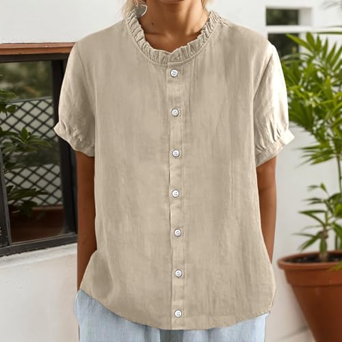 Womens Linen Short Sleeve Ruffled Neck Button Down Shirts Summer Lightweight Cute Dressy Casual Loose Blouse Tops2
