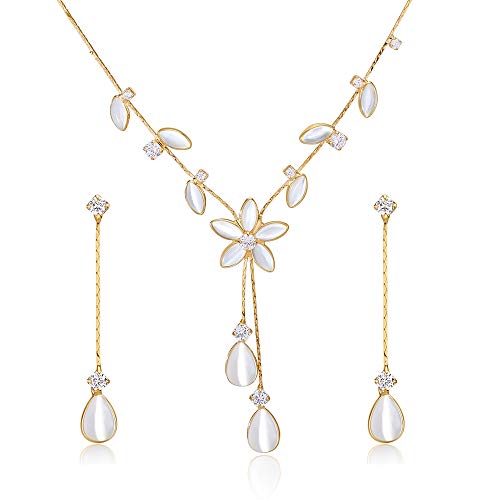 AdronQ Cat's Eye Stone Flower Ensembles De Bijoux Feuilles Clear Cubic Zirconia Party Collier Boucles d'oreilles Set