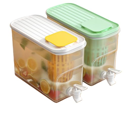 Lamantt蛇口付き冷水ケトル、麦茶ポット、耐高温プラスチックウォーターカップ、飲料バケツ、家庭用大容量和風 (ハニーホワイト + フルーツグリーン)