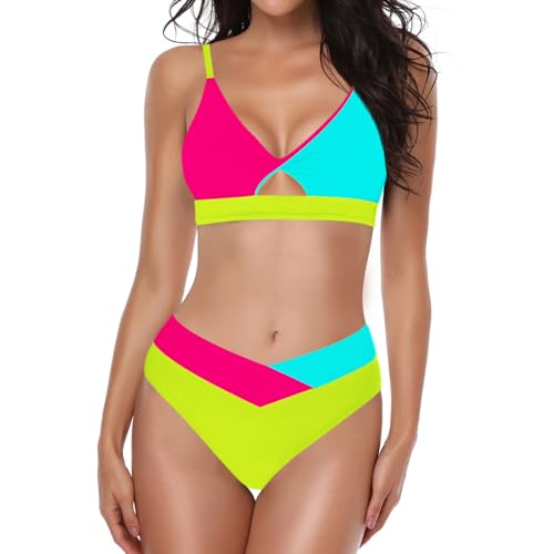 Sexybody Women' s Neon Color Block Bikini V Cut Two Piece Swimsuits High Waisted Cut Out V Neck Bathing Suit Crisscross Back