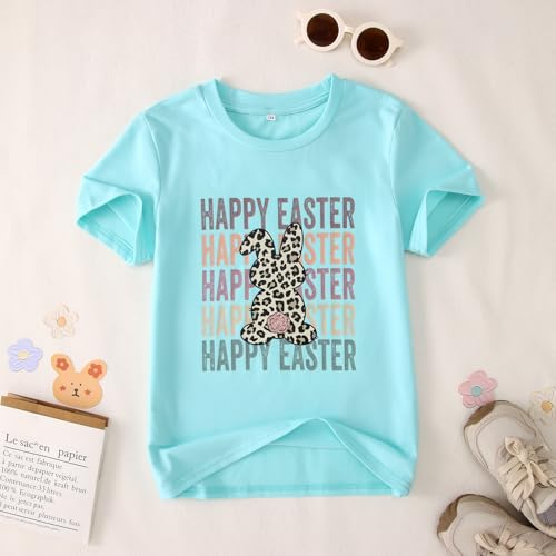 Image of GLIGLITTR Girls Happy Easter Shirts Leopard Bunny Tshirt Cute Rabbit Outfits Kids Easter Holiday Short Sleeve Tee Tops 7-12Y