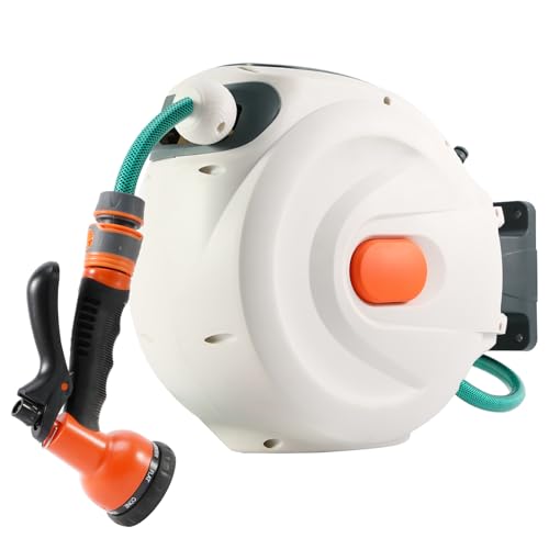 Retractable Garden Hose Reel 12 x 100 ft Wall Mount Water Hose Heavy Duty with nozzle Any Length Lock Slow Auto Rewind 180Swivel Bracket for Garden Watering Car Wash Pet Shower